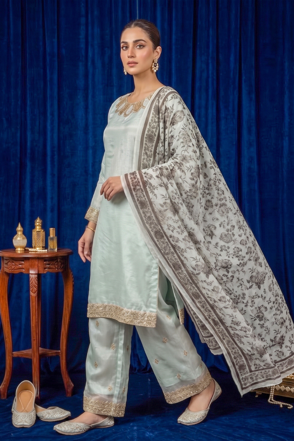 Soft Mint Green Silk Embroidered Front and Printed Net Dupata and Silk Embroidered Trousers