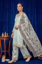 Soft Mint Green Silk Embroidered Front and Printed Net Dupata and Silk Embroidered Trousers