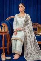 Soft Mint Green Silk Embroidered Front and Printed Net Dupata and Silk Embroidered Trousers