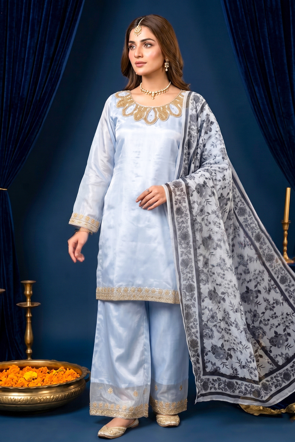 Powder Blue Silk Embroidered Front and Printed Net Dupata and Silk Embroidered Trousers