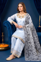 Powder Blue Silk Embroidered Front and Printed Net Dupata and Silk Embroidered Trousers
