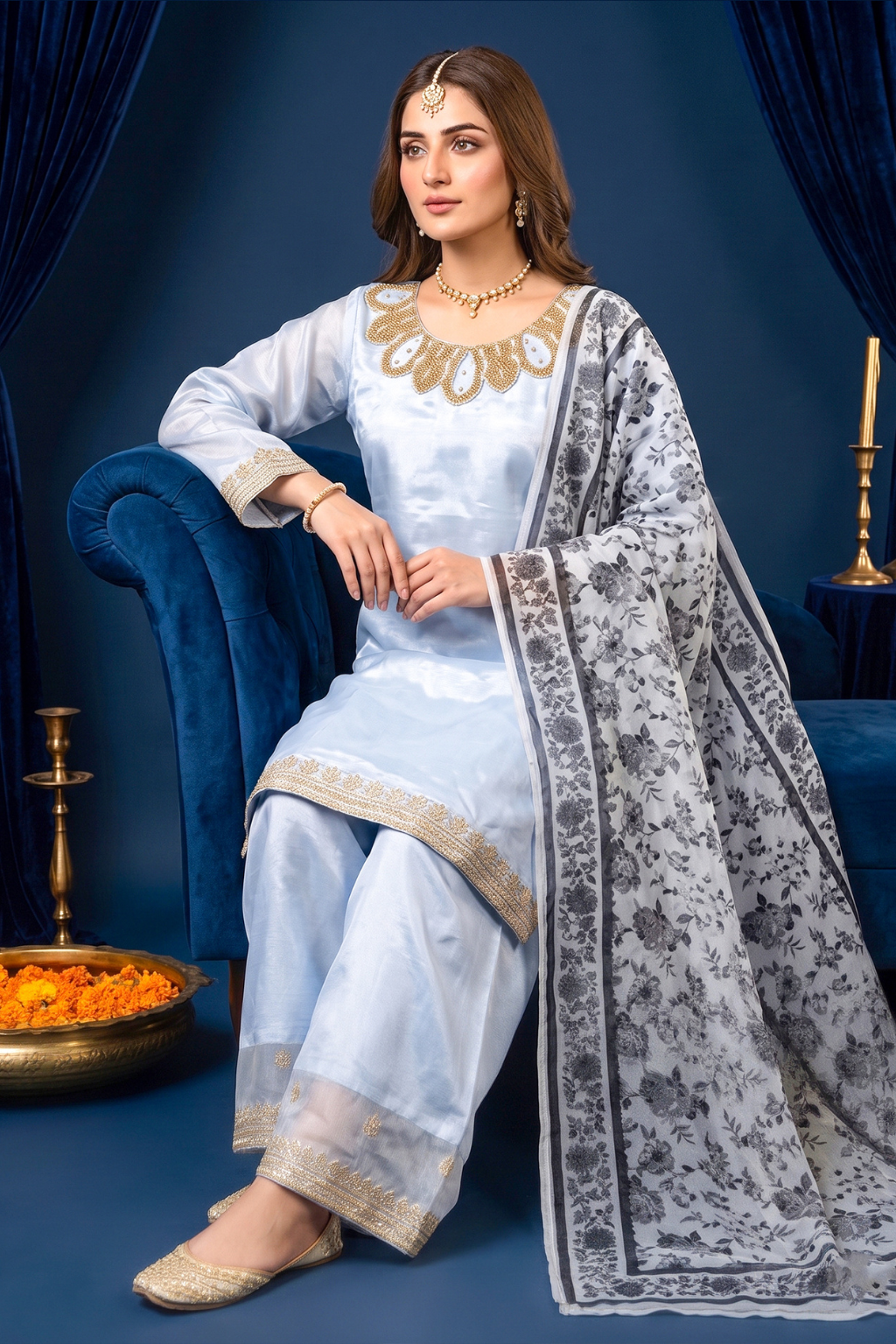 Powder Blue Silk Embroidered Front and Printed Net Dupata and Silk Embroidered Trousers