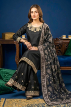 Jet Black Silk Embroidered Front and Printed Net Dupata and Silk Embroidered Trousers