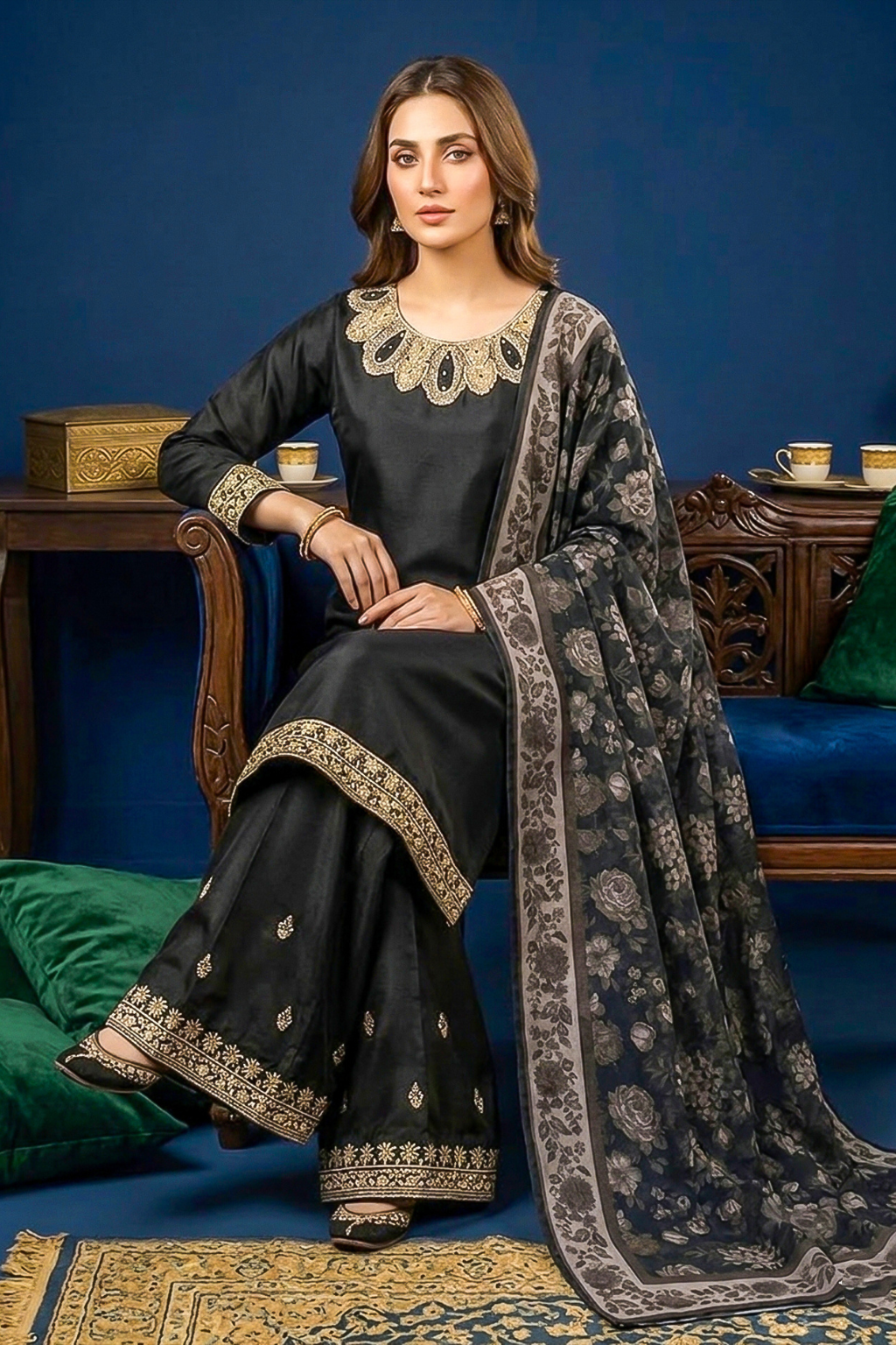 Jet Black Silk Embroidered Front and Printed Net Dupata and Silk Embroidered Trousers
