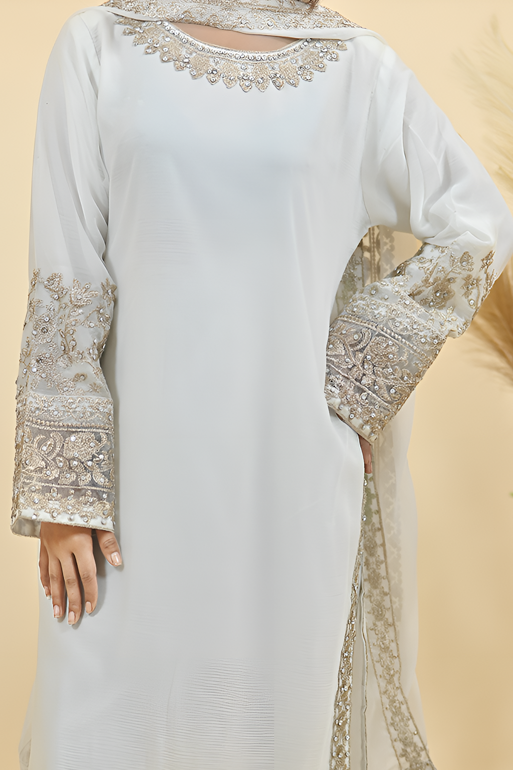 Off White Luxury Embroidered Occasion Edit 3PC Kurta Set