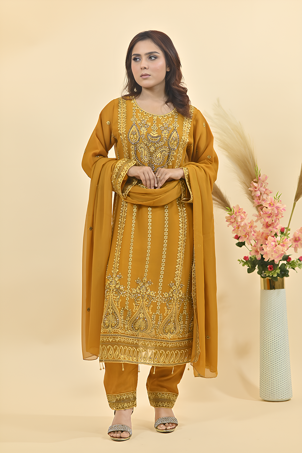 Golden Yellow Luxury Embroidered Occasion Edit 3PC Kurta Set