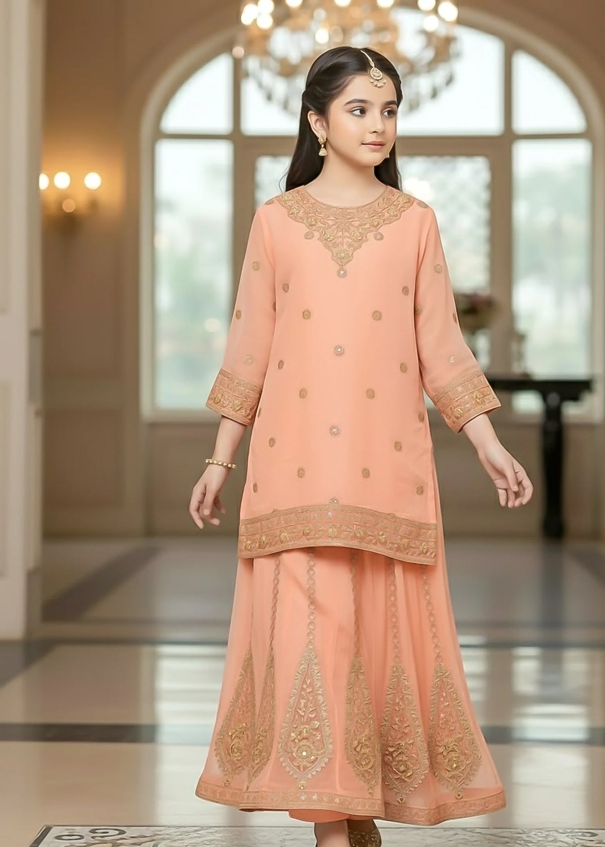 Gulnaar Peach Organza Festive Lehenga – Kids