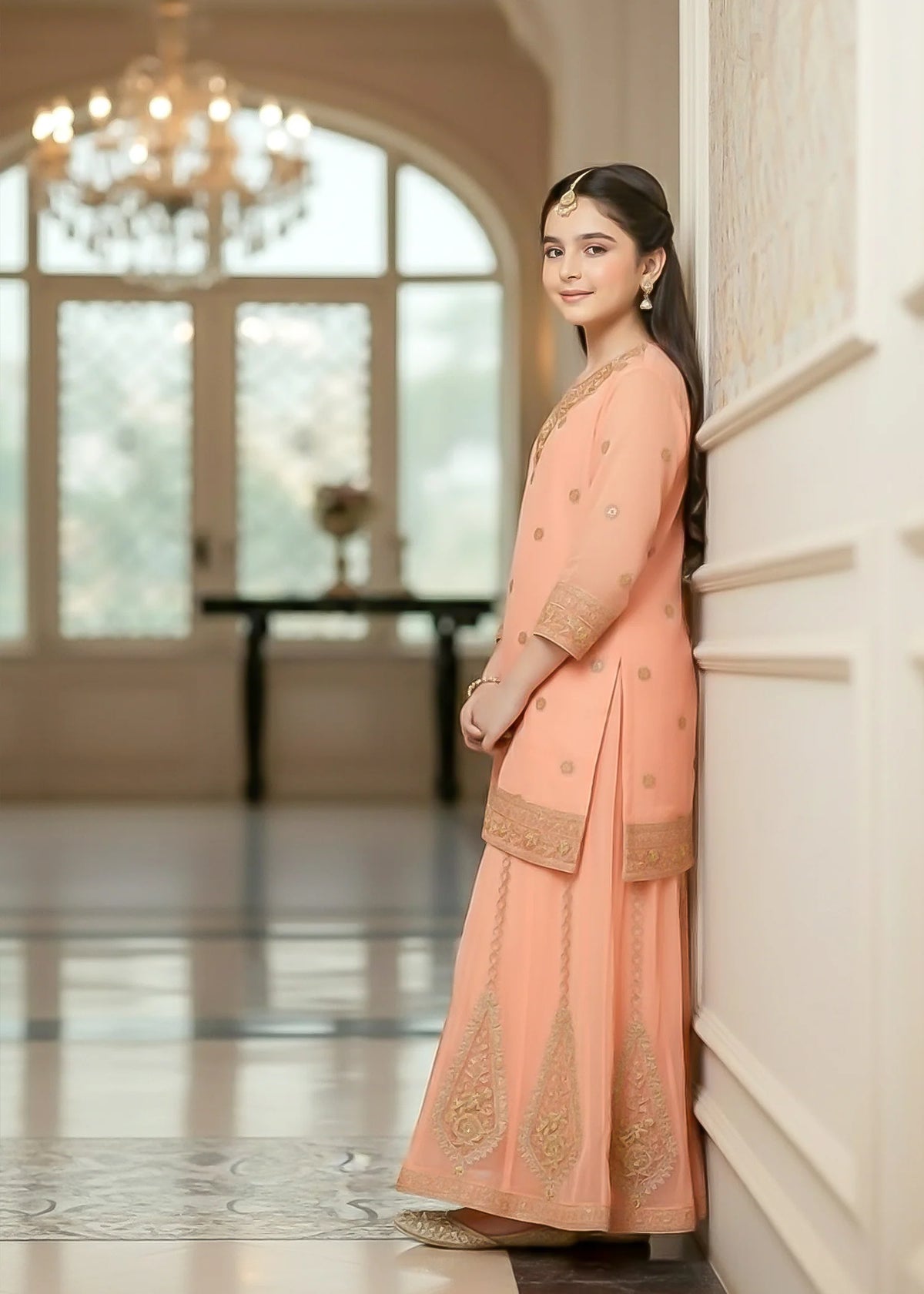 Gulnaar Peach Organza Festive Lehenga – Kids