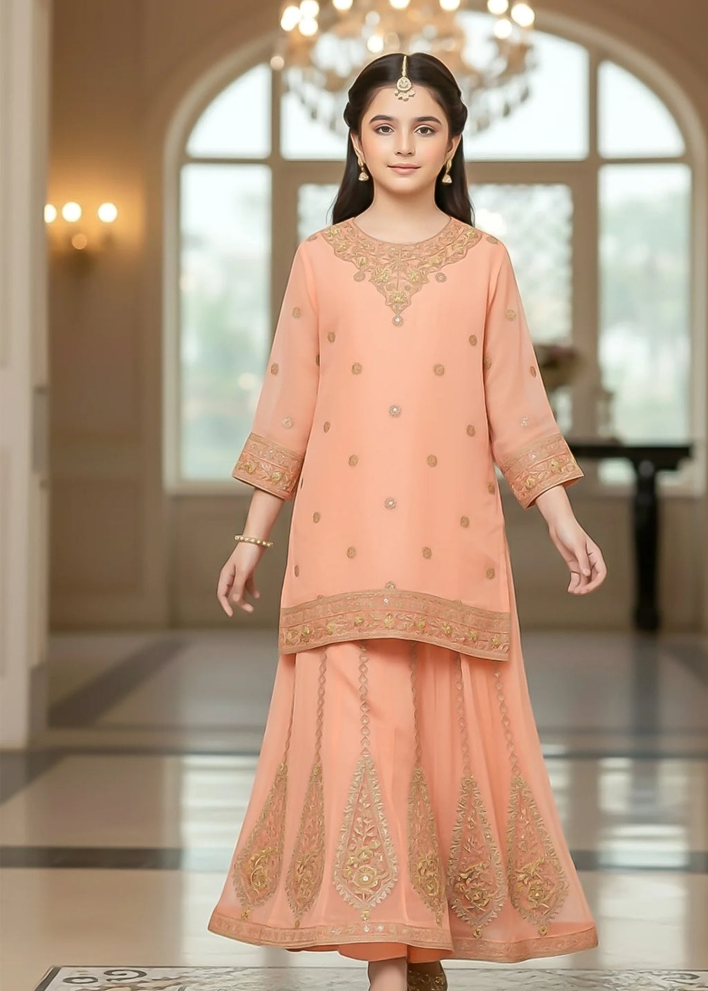 Gulnaar Peach Organza Festive Lehenga – Kids