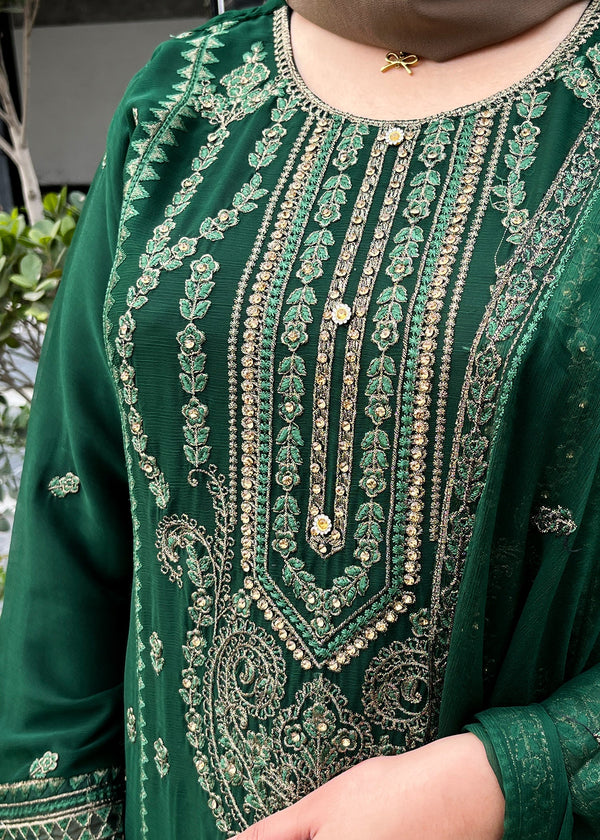 Forest Green – Embroidered Chiffon 3PC Kurta