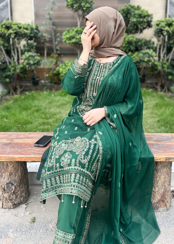 Forest Green – Embroidered Chiffon 3PC Kurta