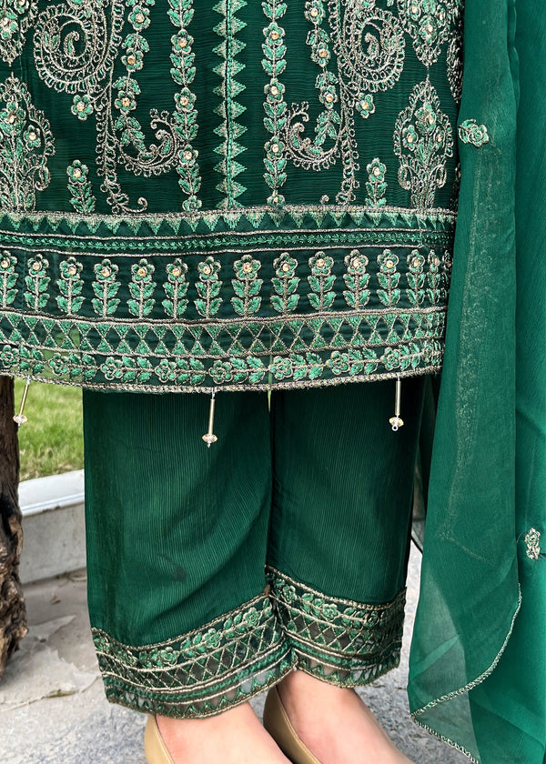 Forest Green – Embroidered Chiffon 3PC Kurta