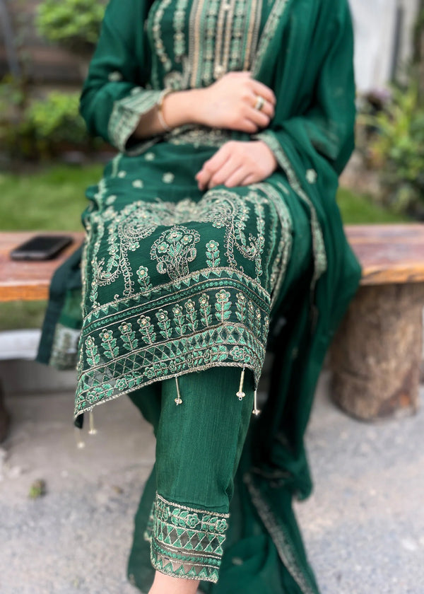 Forest Green – Embroidered Chiffon 3PC Kurta