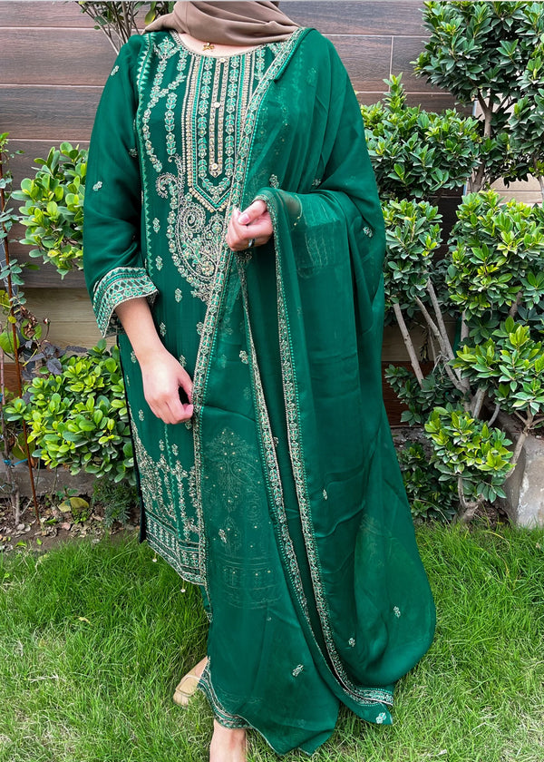 Forest Green – Embroidered Chiffon 3PC Kurta