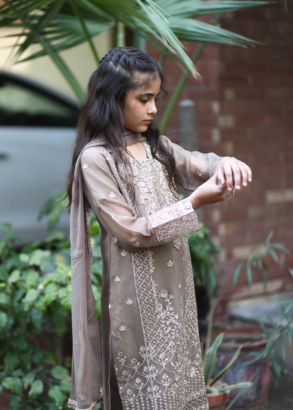 Little Brown Noor – Embroidered Chiffon Kids Kurta 3PC