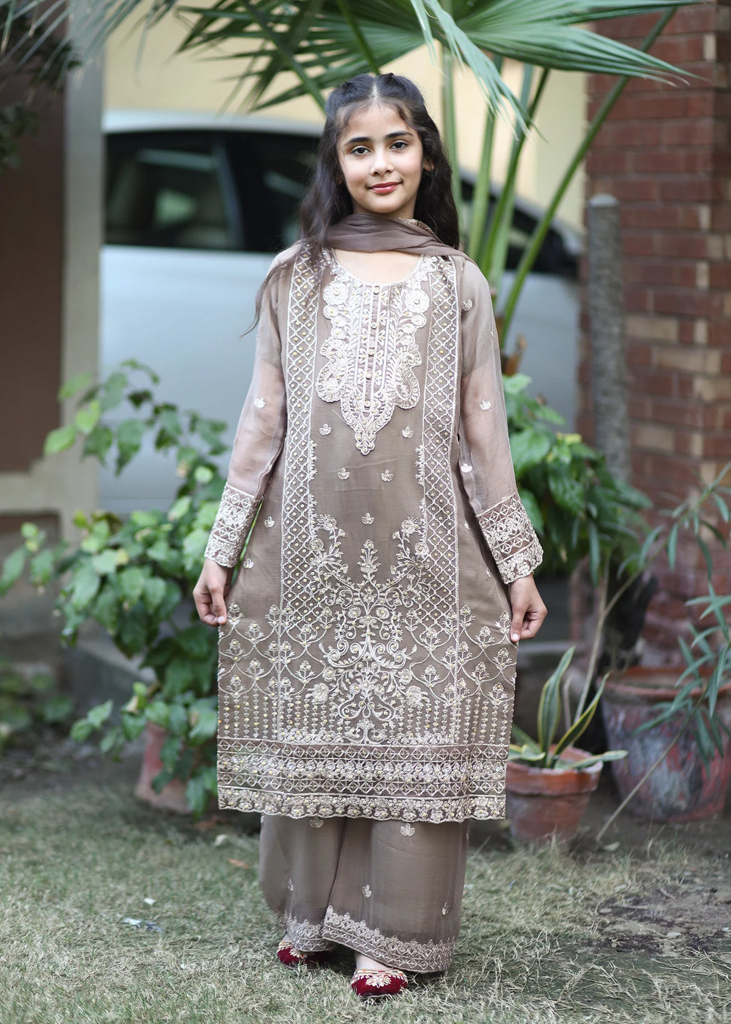Little Brown Noor – Embroidered Chiffon Kids Kurta 3PC