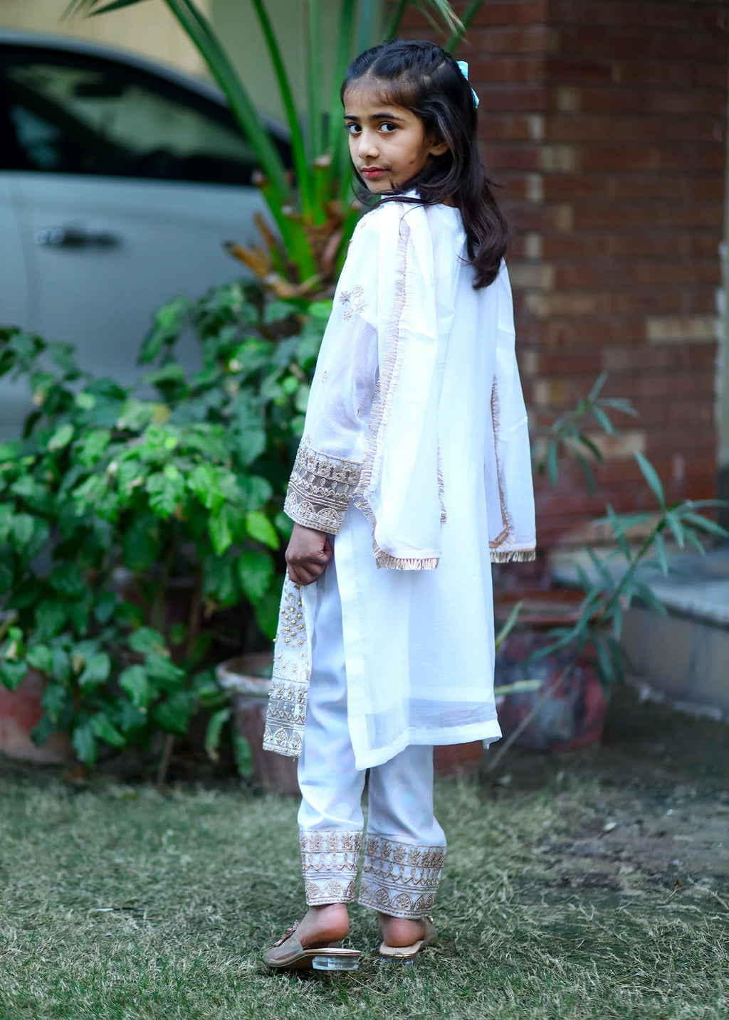 White – Embroidered Kids 3PC Chiffon Kurta Set