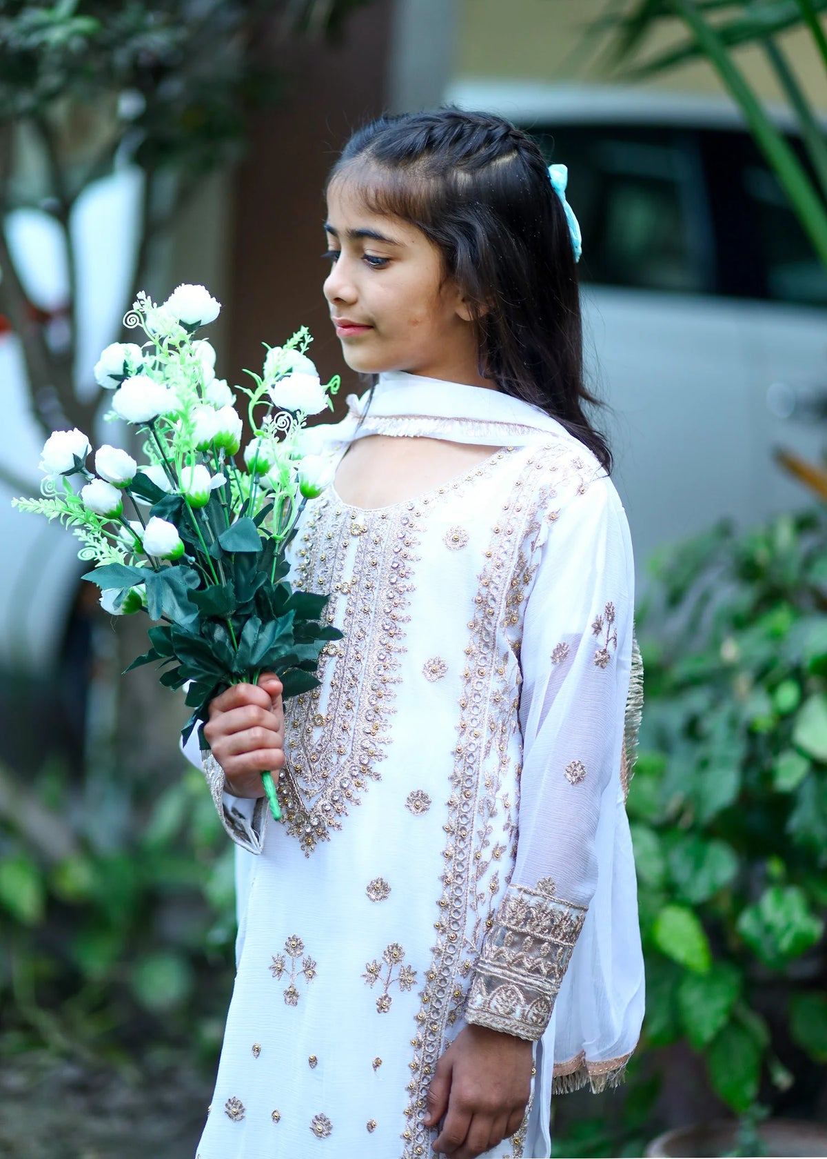 White – Embroidered Kids 3PC Chiffon Kurta Set