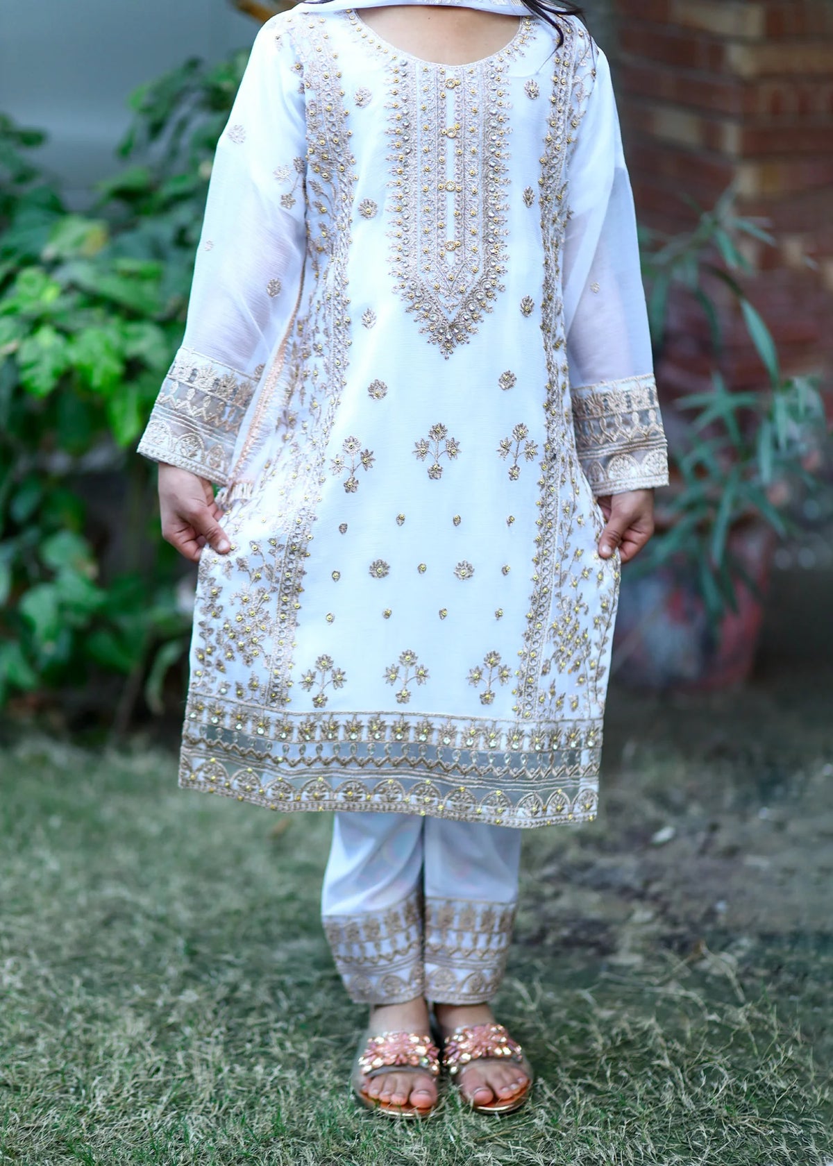 White – Embroidered Kids 3PC Chiffon Kurta Set