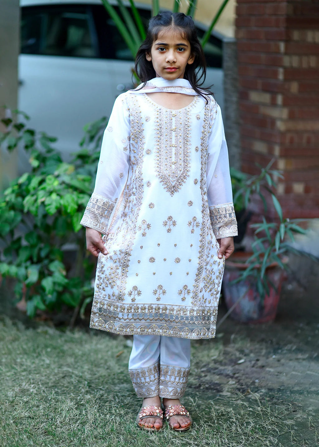 White – Embroidered Kids 3PC Chiffon Kurta Set