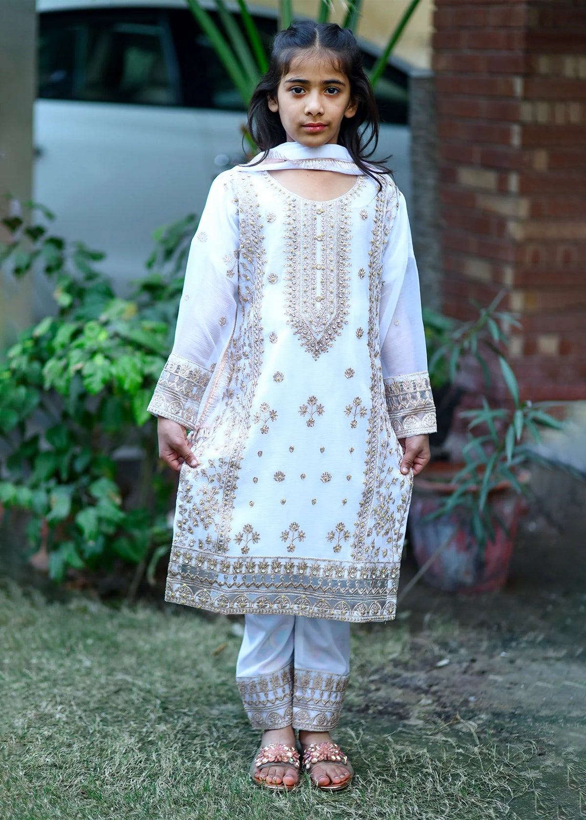 White – Embroidered Kids 3PC Chiffon Kurta Set