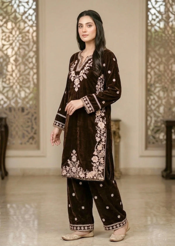 Brown – Premium Embroidered Velvet 2PC kurta set