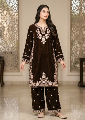 Brown – Premium Embroidered Velvet 2PC kurta set