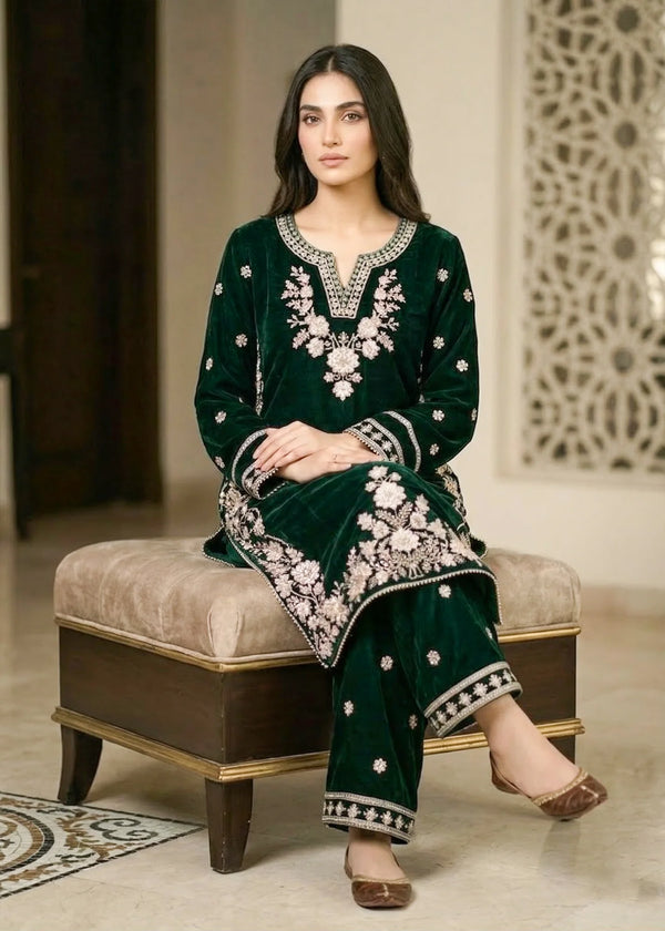 Dark Green – Luxury Embroidered Velvet 2PC Kurta Set