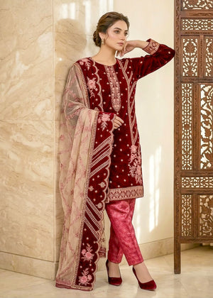Husn Maroon Velvet Embroidered Set