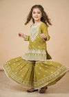 Kids Olive Chiffon Embroidered Gharara