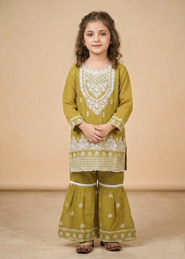 Kids Olive Chiffon Embroidered Gharara