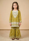 Kids Olive Chiffon Embroidered Gharara