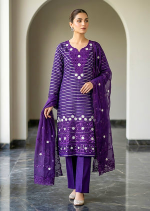 Amethyst Grace – Purple Premium Embroidered Linen 3PC Suit with Chiffon Dupatta