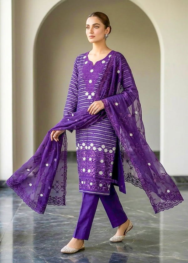 Amethyst Grace – Purple Premium Embroidered Linen 3PC Suit with Chiffon Dupatta