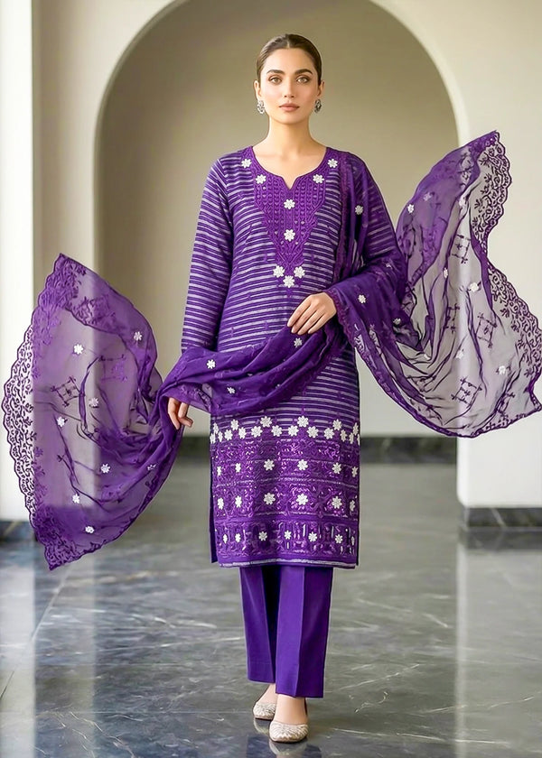 Amethyst Grace – Purple Premium Embroidered Linen 3PC Suit with Chiffon Dupatta