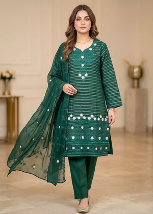 Emerald Muse – Dark Green Premium Embroidered Linen 3PC Suit with Chiffon Dupatta