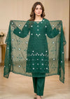 Emerald Muse – Dark Green Premium Embroidered Linen 3PC Suit with Chiffon Dupatta