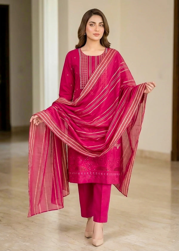 Pink Bloom Premium Embroidered Lawn 3PC Kurta Set with Printed Dupatta