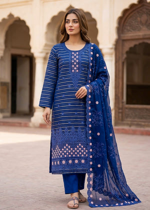 Midnight Muse – Navy Blue Premium Embroidered Linen 3PC Suit with Chiffon Dupatta