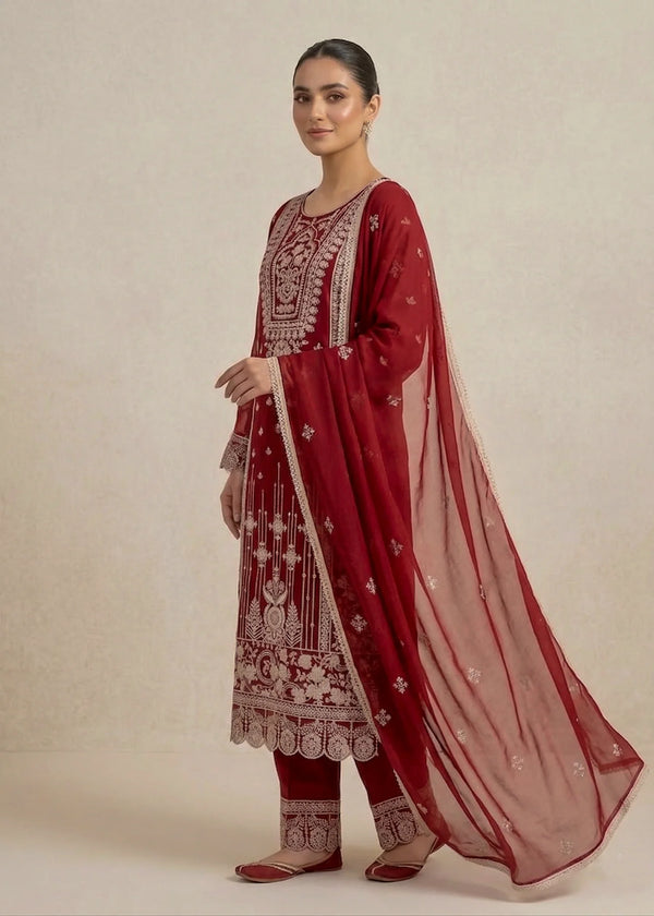 Ruby Muse – Maroon Luxury Embroidered Chiffon 3PC Set with Embroidered Dupatta & Trouser