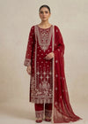 Ruby Muse – Maroon Luxury Embroidered Chiffon 3PC Set with Embroidered Dupatta & Trouser