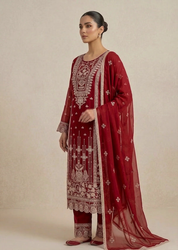 Ruby Muse – Maroon Luxury Embroidered Chiffon 3PC Set with Embroidered Dupatta & Trouser