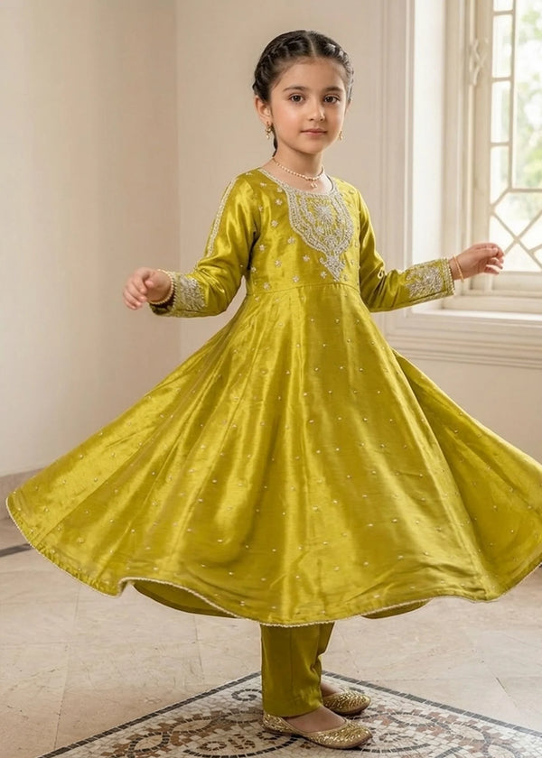 Kids Olive Embroidered Anarkali Frock