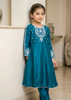 Kids Teal Embroidered Anarkali Frock