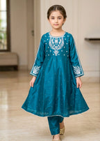 Kids Teal Embroidered Anarkali Frock