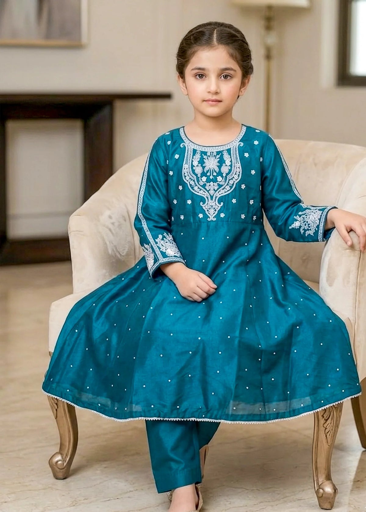 Kids Teal Embroidered Anarkali Frock