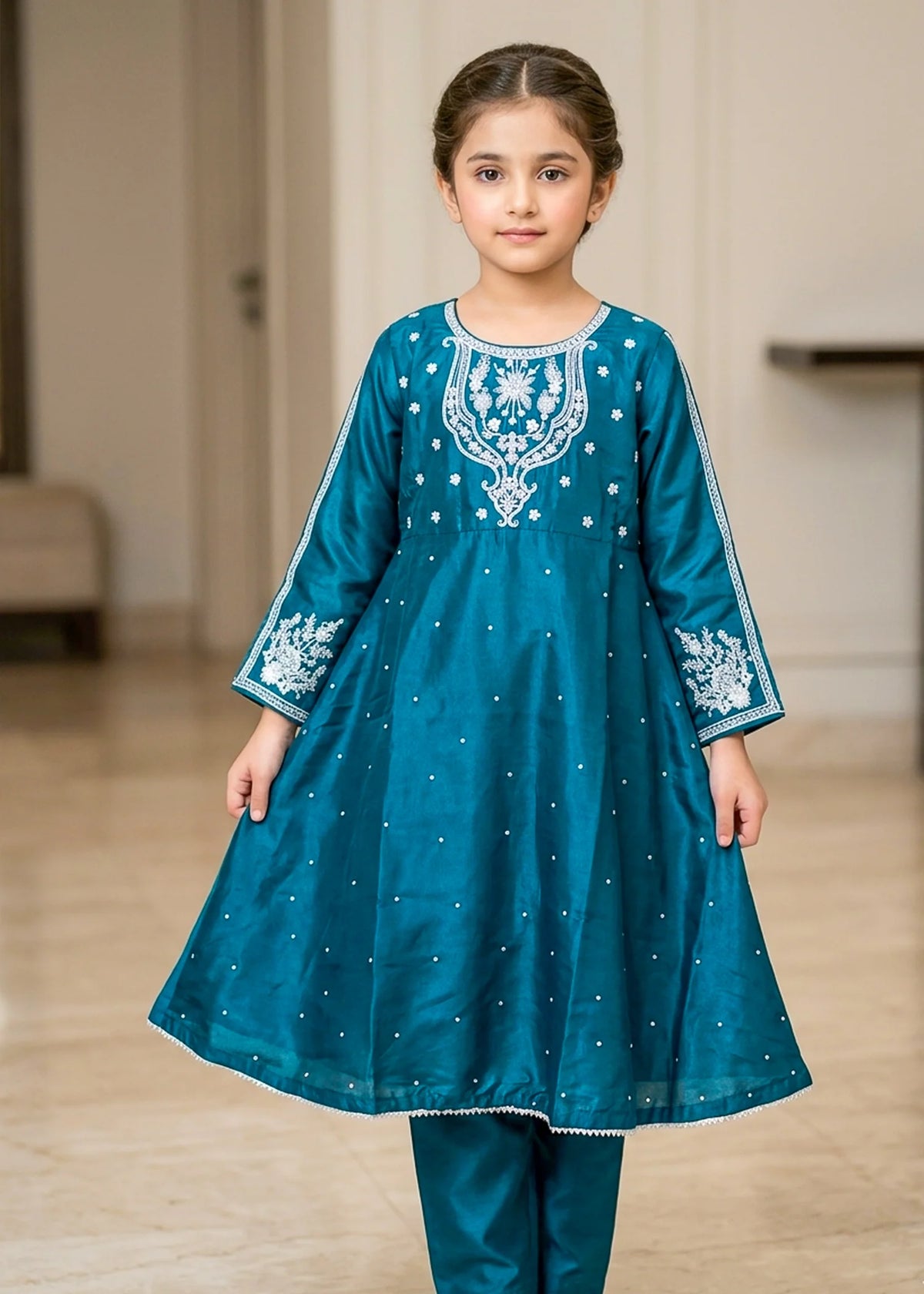 Kids Teal Embroidered Anarkali Frock
