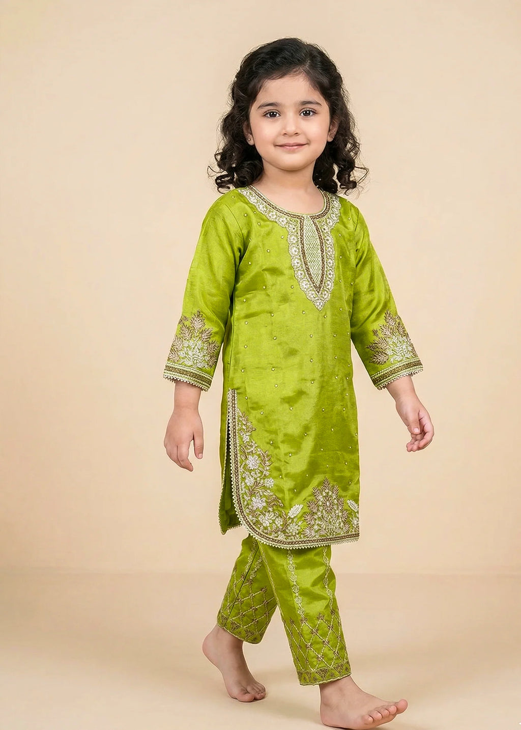 Kids Lime Green Kattan Silk Kurta & Trouser Set