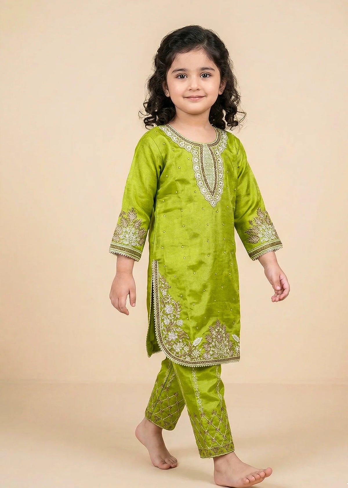 Kids Lime Green Kattan Silk Kurta & Trouser Set
