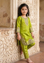 Kids Lime Green Kattan Silk Kurta & Trouser Set